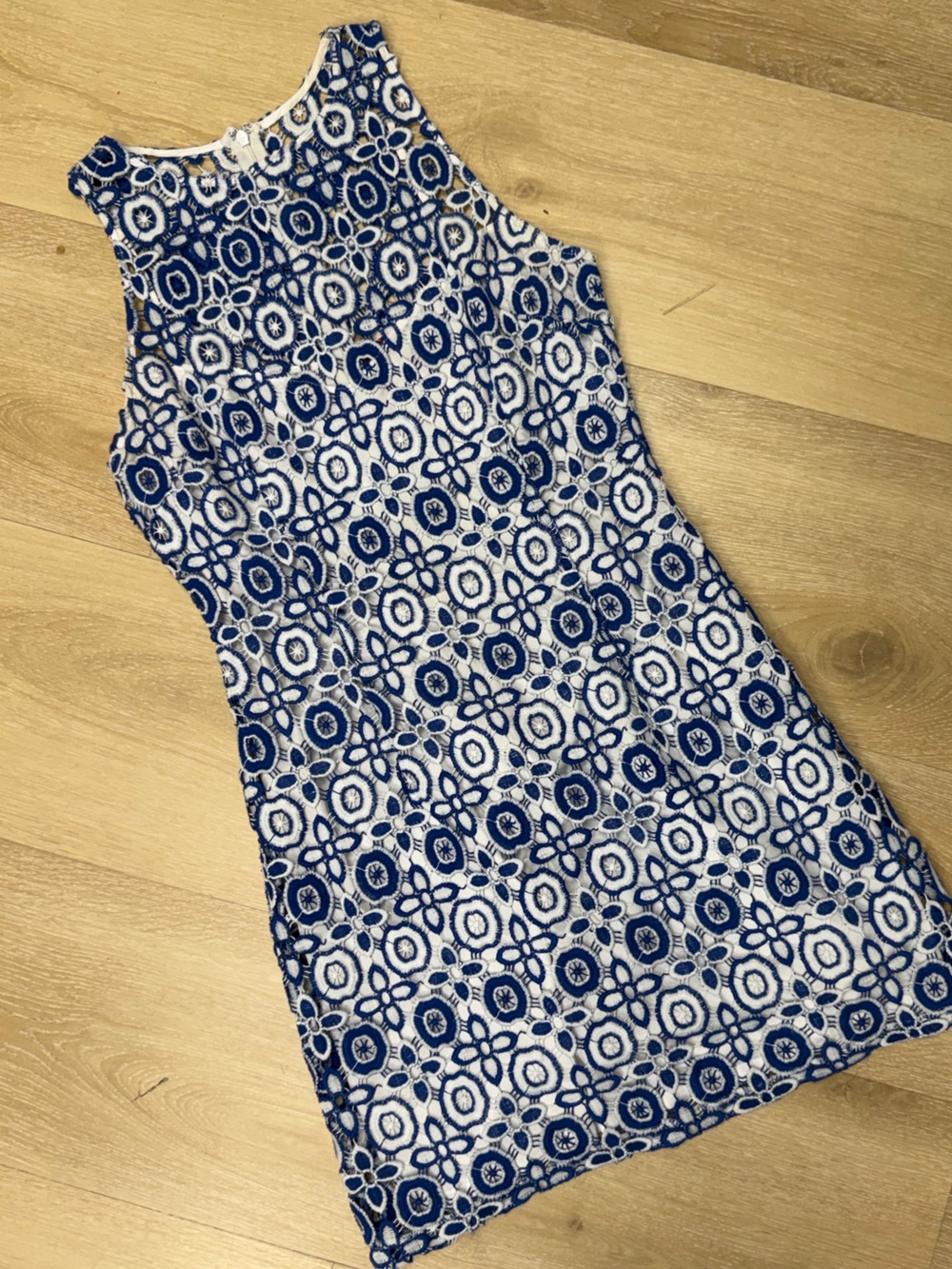 5/48 White Blue Irish Lace Sleeveless mini sheath Summer Dress Blue Embroidery 4